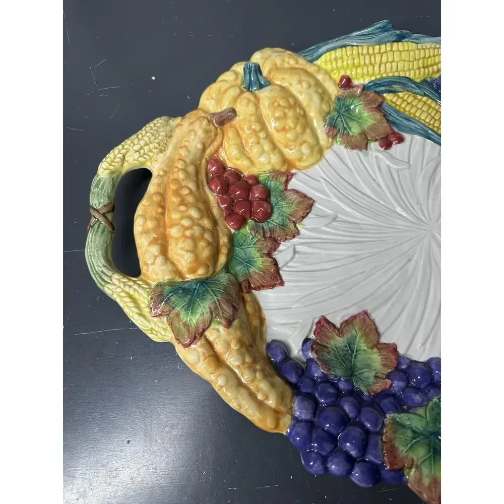 Vintage Fitz and Floyd Hand Painted Fruit Corn Grapes Relief Oval Platter 1995